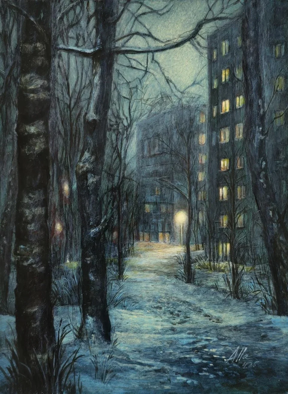 Winter Silence – Snowy City Path at Night