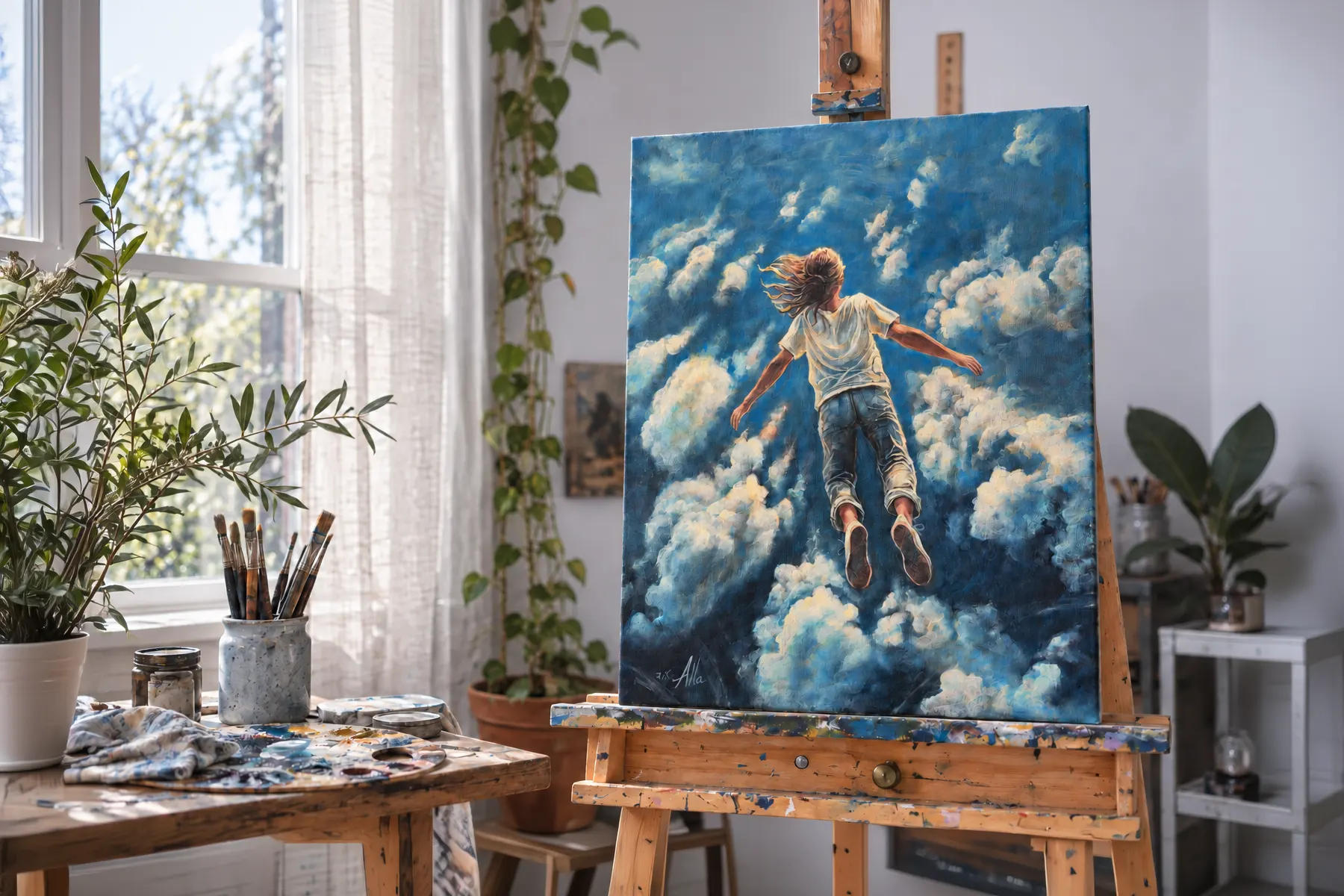 Studio visualization of Favorite Lucid Dream, a painting of a figure floating among clouds, displayed on an easel beside a sunlit window.