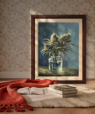 Cannabis Indica Branch in Glass Jar – Old Master Style Still Life