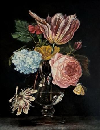 Baroque Floral Elegance – Still Life in Glass Vase