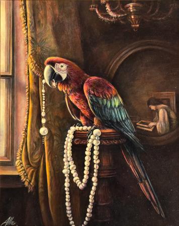 Macaw Parrot with Beads – Baroque-Inspired Still Life