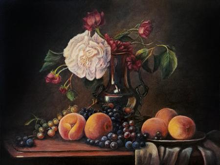 Still Life with Peaches, Grapes, and Flowers – Classical Realism